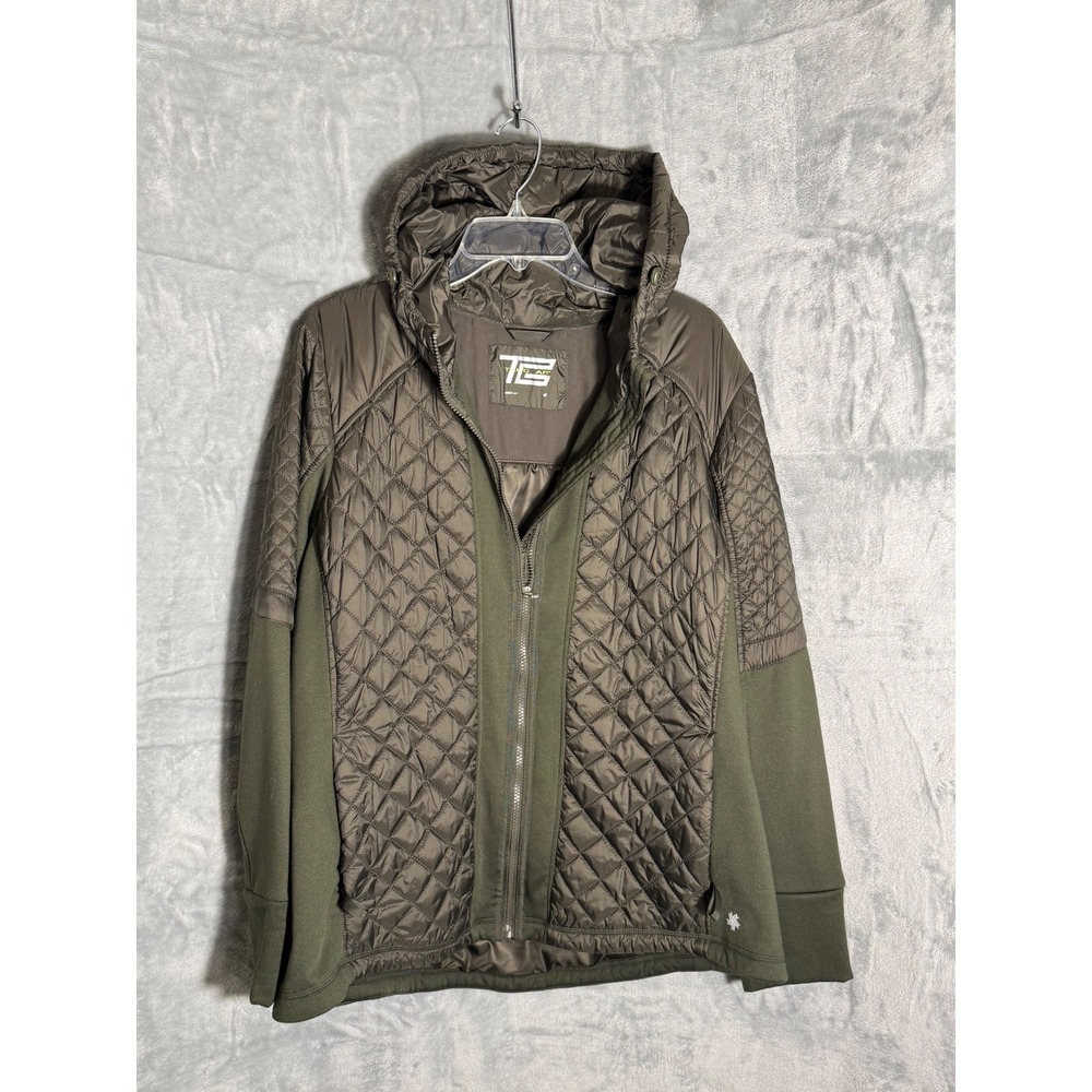 Tek Gear Womens Olive Green Quilted Hybrid Hooded Jacket Plus Size 1X Thumbholes
